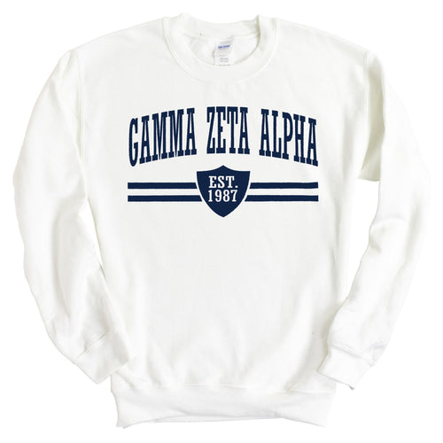 Gamma Zeta Alpha Striped Shield Sweatshirt - Fraternity Crewneck Sweatshirt - Kite and Crest