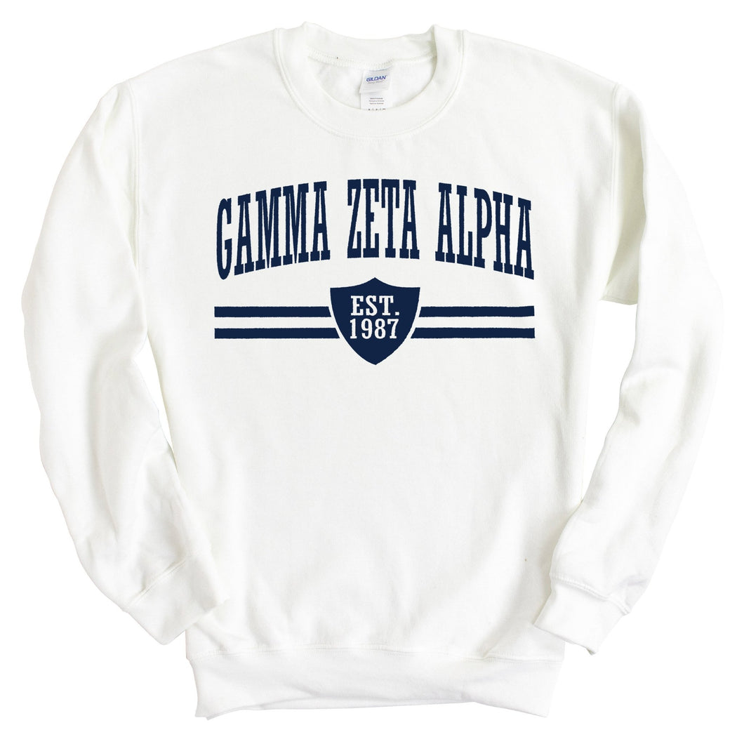 Gamma Zeta Alpha Striped Shield Sweatshirt - Fraternity Crewneck Sweatshirt - Kite and Crest