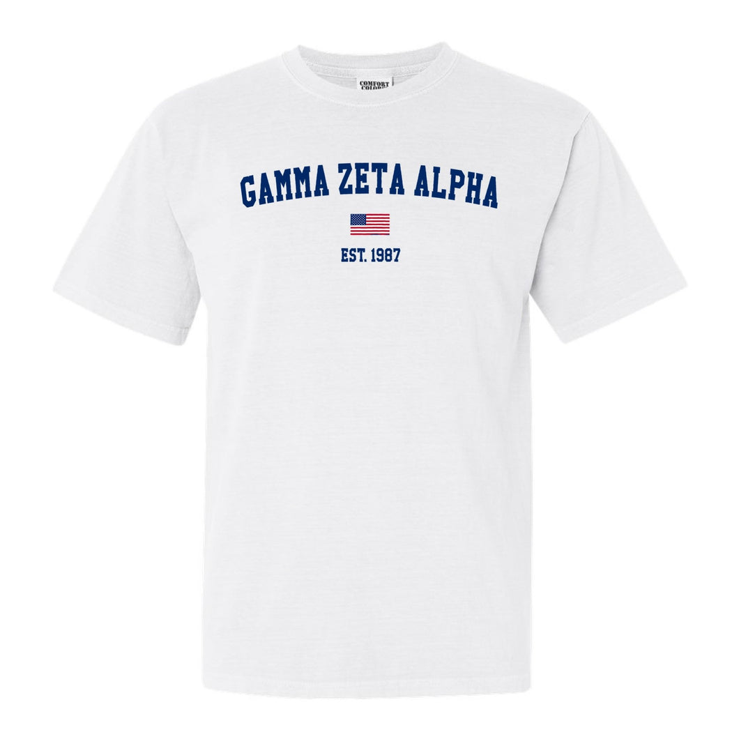 Gamma Zeta Alpha USA Flag Comfort Colors T-Shirt - Fraternity Tee - Kite and Crest