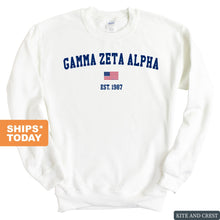 Load image into Gallery viewer, Gamma Zeta Alpha USA Flag Sweatshirt - Fraternity Crewneck Sweatshirt - Kite and Crest
