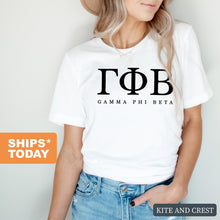 Load image into Gallery viewer, GPHI Gamma Phi Beta Block Letter Sorority T-Shirt - Kite and Crest
