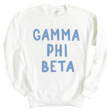 Load image into Gallery viewer, GPHI Gamma Phi Beta Blue Bubble Letter Sorority Crewneck Sweatshirt - Kite and Crest
