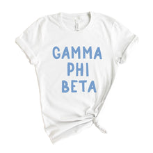 Load image into Gallery viewer, GPHI Gamma Phi Beta Blue Bubble Letter Sorority T-Shirt - Kite and Crest
