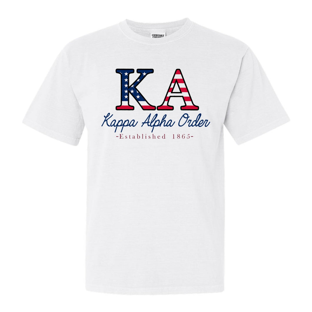 Kappa Alpha Order Comfort Colors T-Shirt - KA American Flag Letters Shirt - Kite and Crest