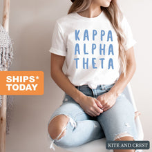 Load image into Gallery viewer, Kappa Alpha Theta Blue Bubble Letter Sorority T-Shirt - Kite and Crest
