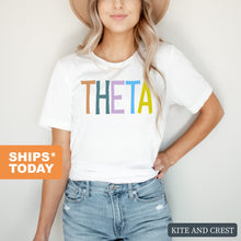 Load image into Gallery viewer, Kappa Alpha Theta T-shirt - Theta Colorful Lined Tee - Kite and Crest

