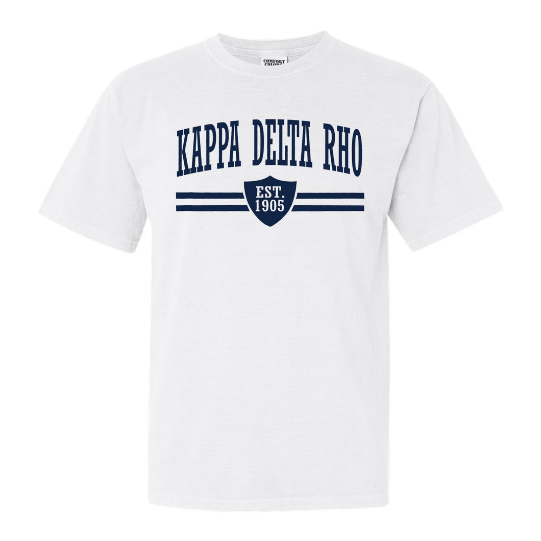 Kappa Delta Rho Striped Shield Comfort Colors T-Shirt - Fraternity Tee - Kite and Crest