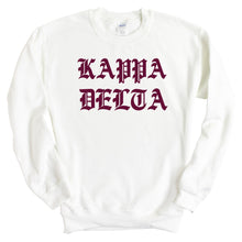 Load image into Gallery viewer, Kappa Delta Sweatshirt | KD Old Type Written Crewneck Sweatshirt | Kappa Delta Sorority Gift Idea - Kite and Crest
