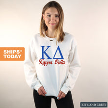 Load image into Gallery viewer, Kappa Delta Sweatshirt | KD Red and Blue Crewneck Sweatshirt | Kappa Delta Sorority Gift Idea - Kite and Crest
