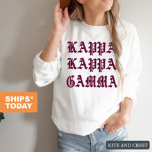 Load image into Gallery viewer, Kappa Kappa Gamma Sweatshirt | Kappa (KKG) Old Type Written Crewneck Sweatshirt | Kappa Kappa Gamma Sorority Gift Idea - Kite and Crest
