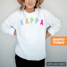 Load image into Gallery viewer, Kappa Kappa Gamma Sweatshirt | Kappa (KKG) Rainbow Letter Crewneck Sweatshirt | Kappa Kappa Gamma Sorority Gift Idea - Kite and Crest
