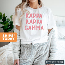 Load image into Gallery viewer, Kappa Kappa Gamma T-Shirt | Kappa (KKG) Pink Bubble Letters Shirt | Kappa Kappa Gamma Sorority Gift Idea - Kite and Crest
