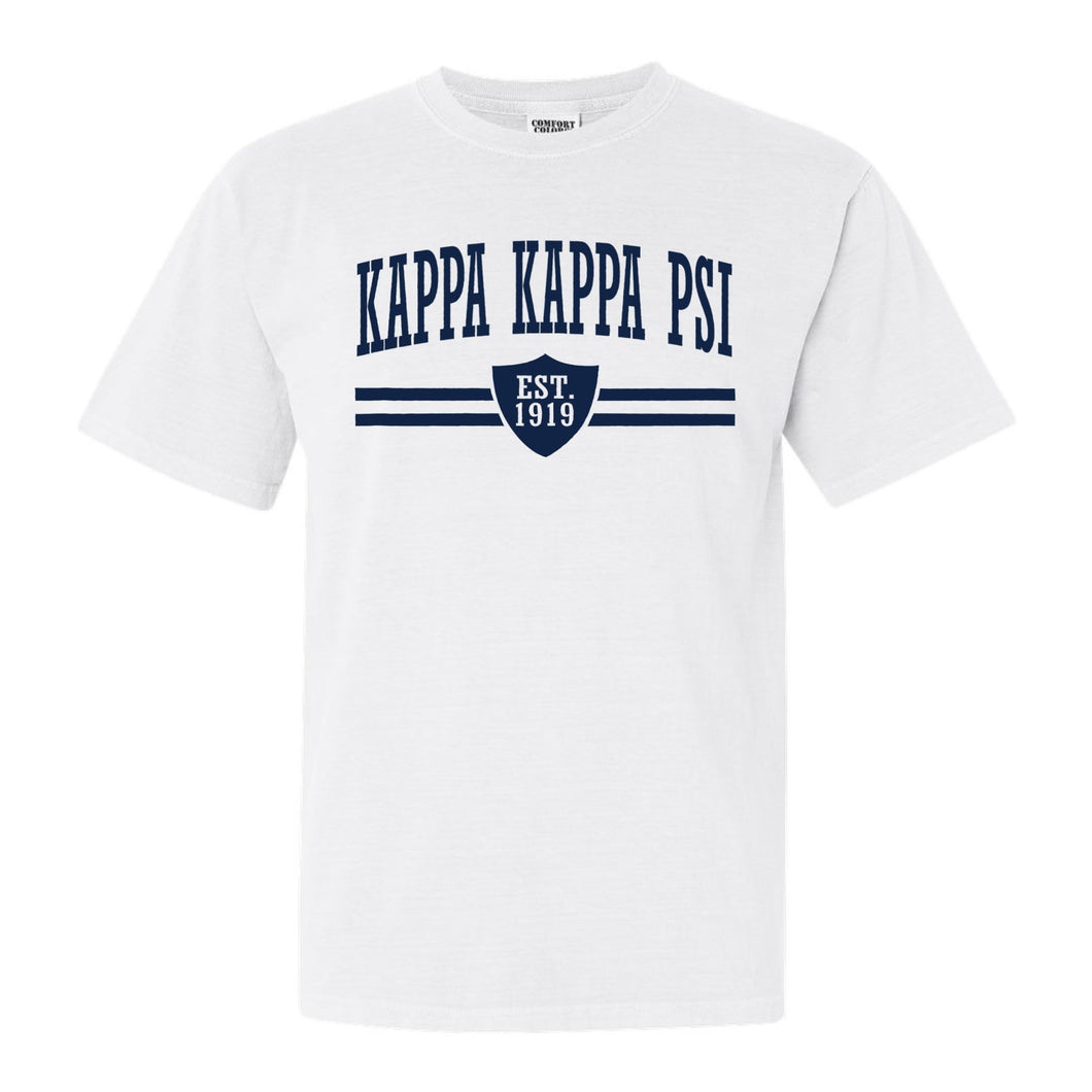 Kappa Kappa Psi Striped Shield Comfort Colors T-Shirt - Fraternity Tee - Kite and Crest