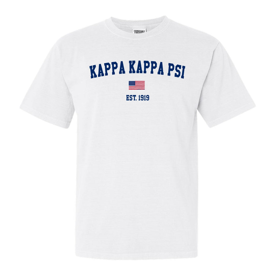 Kappa Kappa Psi USA Flag Comfort Colors T-Shirt - Fraternity Tee - Kite and Crest