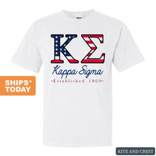 Load image into Gallery viewer, Kappa Sigma Comfort Colors T-Shirt - Kappa Sig American Flag Letters Shirt - Kite and Crest
