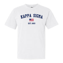 Load image into Gallery viewer, Kappa Sigma Comfort Colors T-Shirt - Kappa Sig USA Flag Shirt - Kite and Crest
