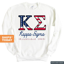 Load image into Gallery viewer, Kappa Sigma Sweatshirt - Kappa Sig American Flag Letters Crewneck Sweatshirt - Kite and Crest
