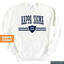 Load image into Gallery viewer, Kappa Sigma Sweatshirt - Kappa Sig Striped Shield Crewneck Sweatshirt - Kite and Crest
