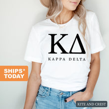 Load image into Gallery viewer, KD Kappa Delta Block Letter Sorority T-Shirt - Kite and Crest
