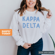 Load image into Gallery viewer, KD Kappa Delta Blue Bubble Letter Sorority Crewneck Sweatshirt - Kite and Crest
