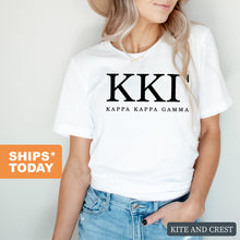 Load image into Gallery viewer, KKG Kappa Kappa Gamma Block Letter Sorority T-Shirt Shirt Tee - Kite and Crest
