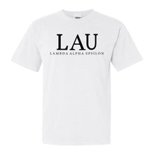 Load image into Gallery viewer, Lambda Alpha Upsilon Block Letter Comfort Colors T-Shirt - Fraternity Tee - Kite and Crest
