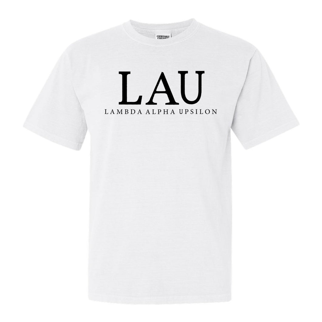 Lambda Alpha Upsilon Block Letter Comfort Colors T-Shirt - Fraternity Tee - Kite and Crest