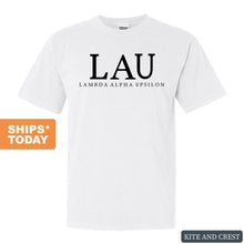 Load image into Gallery viewer, Lambda Alpha Upsilon Block Letter Comfort Colors T-Shirt - Fraternity Tee - Kite and Crest
