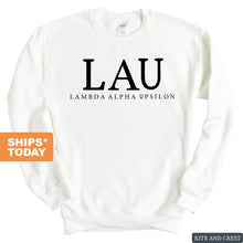 Load image into Gallery viewer, Lambda Alpha Upsilon Block Letter Sweatshirt - Fraternity Crewneck Sweatshirt - Kite and Crest
