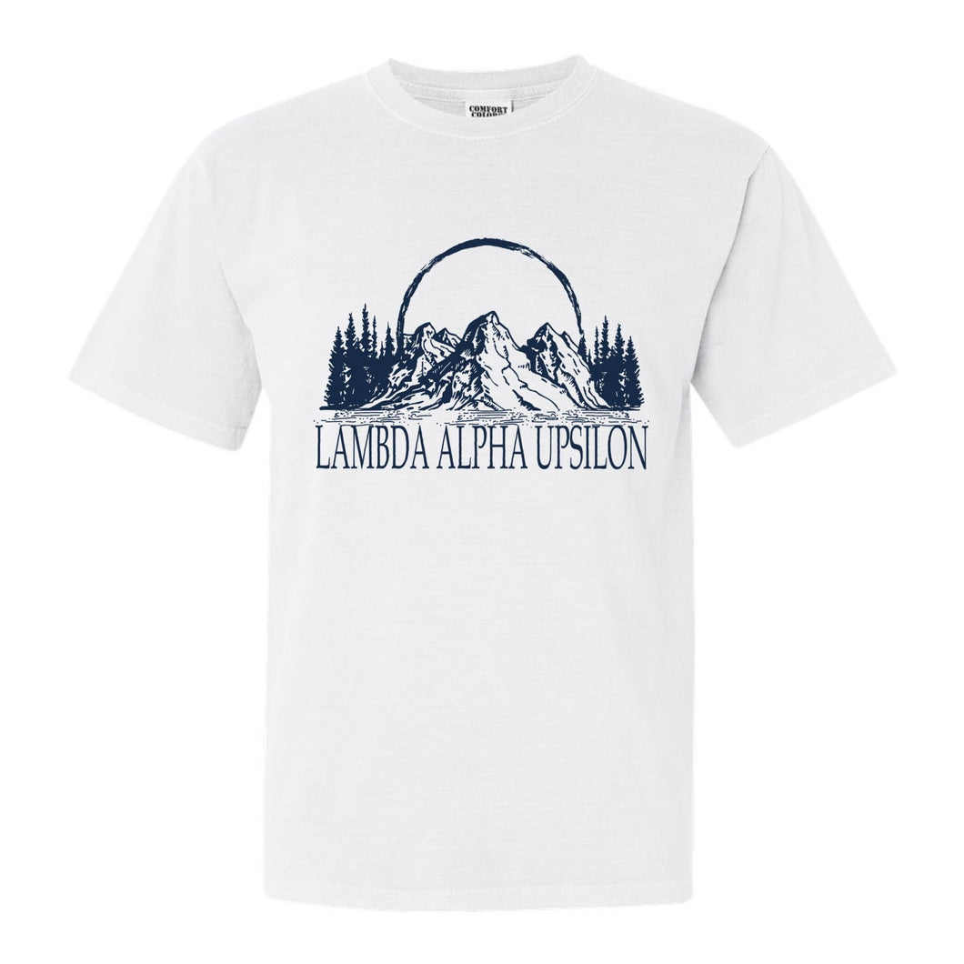Lambda Alpha Upsilon Epic Mountains Comfort Colors T-Shirt - Fraternity Tee - Kite and Crest