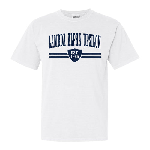 Lambda Alpha Upsilon Striped Shield Comfort Colors T-Shirt - Fraternity Tee - Kite and Crest