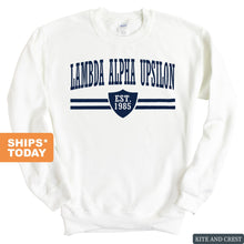 Load image into Gallery viewer, Lambda Alpha Upsilon Striped Shield Sweatshirt - Fraternity Crewneck Sweatshirt - Kite and Crest
