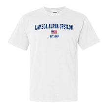 Load image into Gallery viewer, Lambda Alpha Upsilon USA Flag Comfort Colors T-Shirt - Fraternity Tee - Kite and Crest
