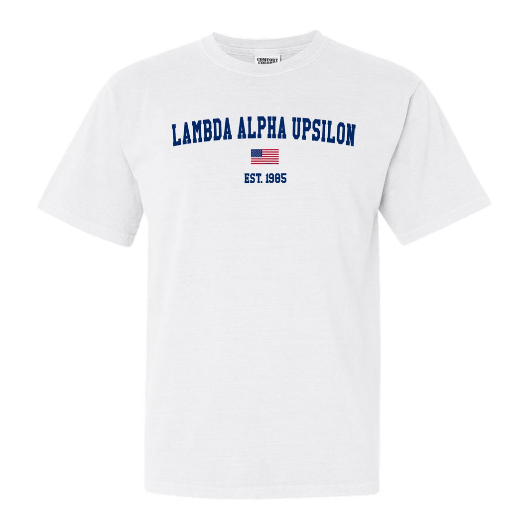 Lambda Alpha Upsilon USA Flag Comfort Colors T-Shirt - Fraternity Tee - Kite and Crest