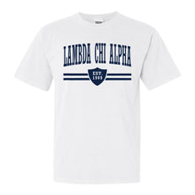Load image into Gallery viewer, Lambda Chi Alpha Comfort Colors T-Shirt - Lambda Chi Striped Shield Shirt - Kite and Crest
