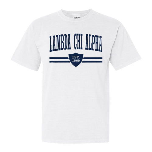 Lambda Chi Alpha Comfort Colors T-Shirt - Lambda Chi Striped Shield Shirt - Kite and Crest