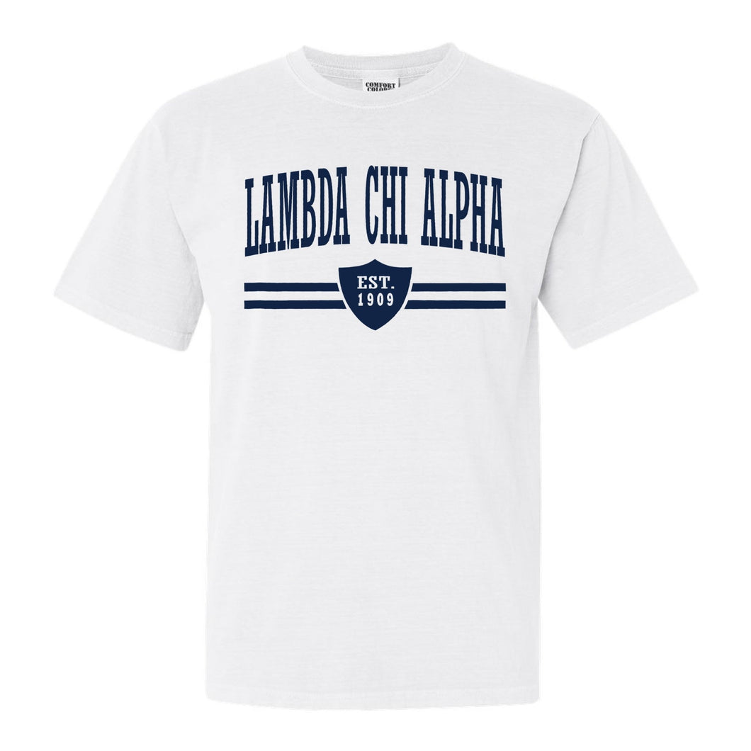 Lambda Chi Alpha Comfort Colors T-Shirt - Lambda Chi Striped Shield Shirt - Kite and Crest