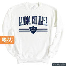 Load image into Gallery viewer, Lambda Chi Alpha Sweatshirt - Lambda Chi Striped Shield Crewneck Sweatshirt - Kite and Crest
