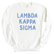 Load image into Gallery viewer, Lambda Kappa Sigma Blue Bubble Letters Crewneck Sweatshirt - Kite and Crest
