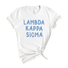 Load image into Gallery viewer, Lambda Kappa Sigma Blue Bubble Letters T-shirt - Kite and Crest
