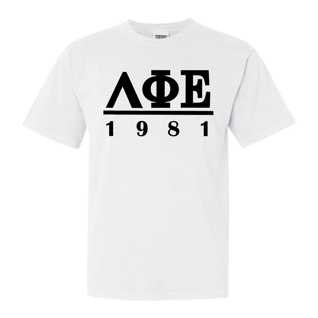 Lambda Phi Epsilon Black Letter Comfort Colors T-Shirt - Fraternity Tee - Kite and Crest