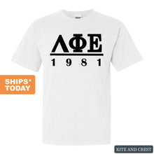 Load image into Gallery viewer, Lambda Phi Epsilon Black Letter Comfort Colors T-Shirt - Fraternity Tee - Kite and Crest
