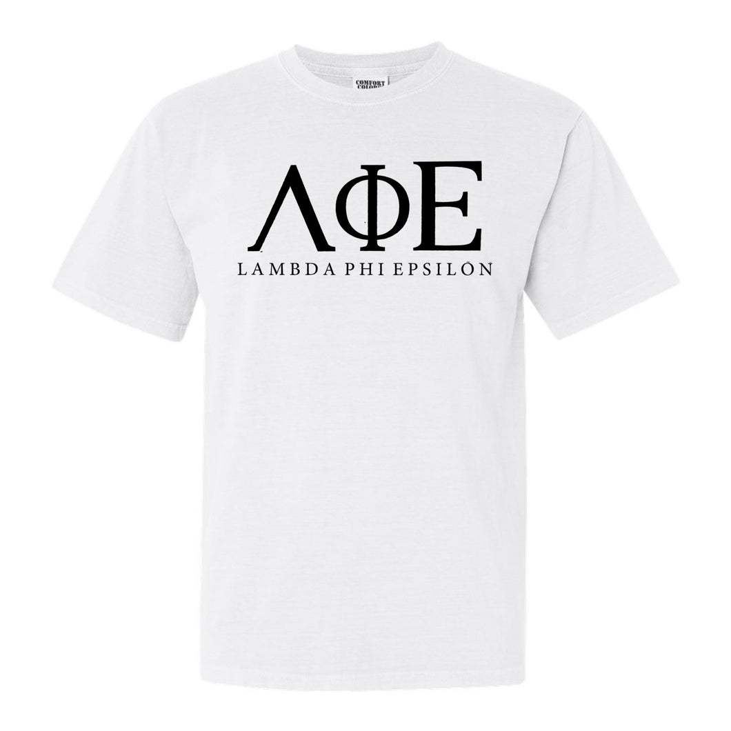 Lambda Phi Epsilon Block Letter Comfort Colors T-Shirt - Fraternity Tee - Kite and Crest
