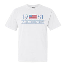 Load image into Gallery viewer, Lambda Phi Epsilon Flag Year Comfort Colors T-Shirt - Fraternity Tee - Kite and Crest
