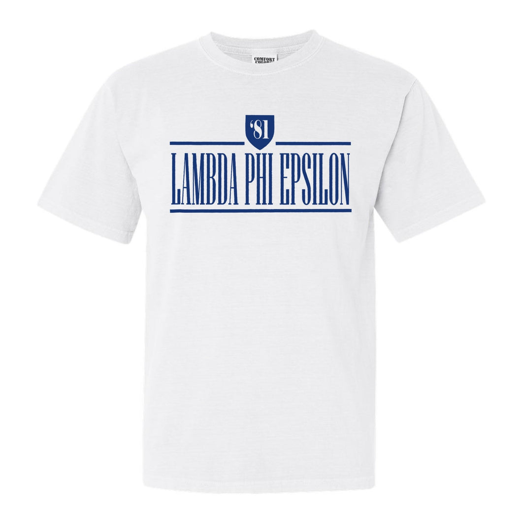 Lambda Phi Epsilon Shield Comfort Colors T-Shirt - Fraternity Tee - Kite and Crest