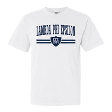 Load image into Gallery viewer, Lambda Phi Epsilon Striped Shield Comfort Colors T-Shirt - Fraternity Tee - Kite and Crest
