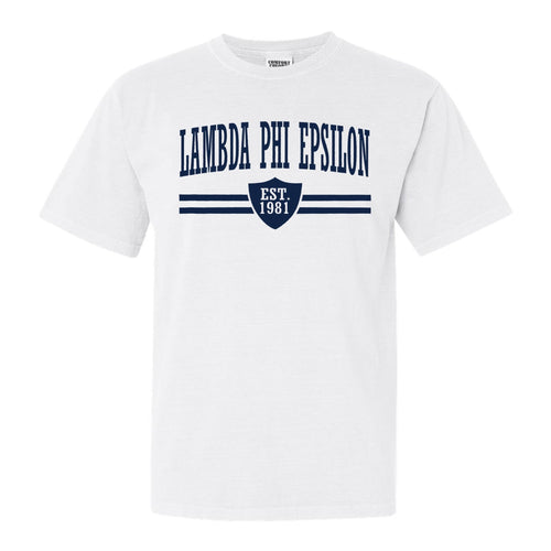 Lambda Phi Epsilon Striped Shield Comfort Colors T-Shirt - Fraternity Tee - Kite and Crest