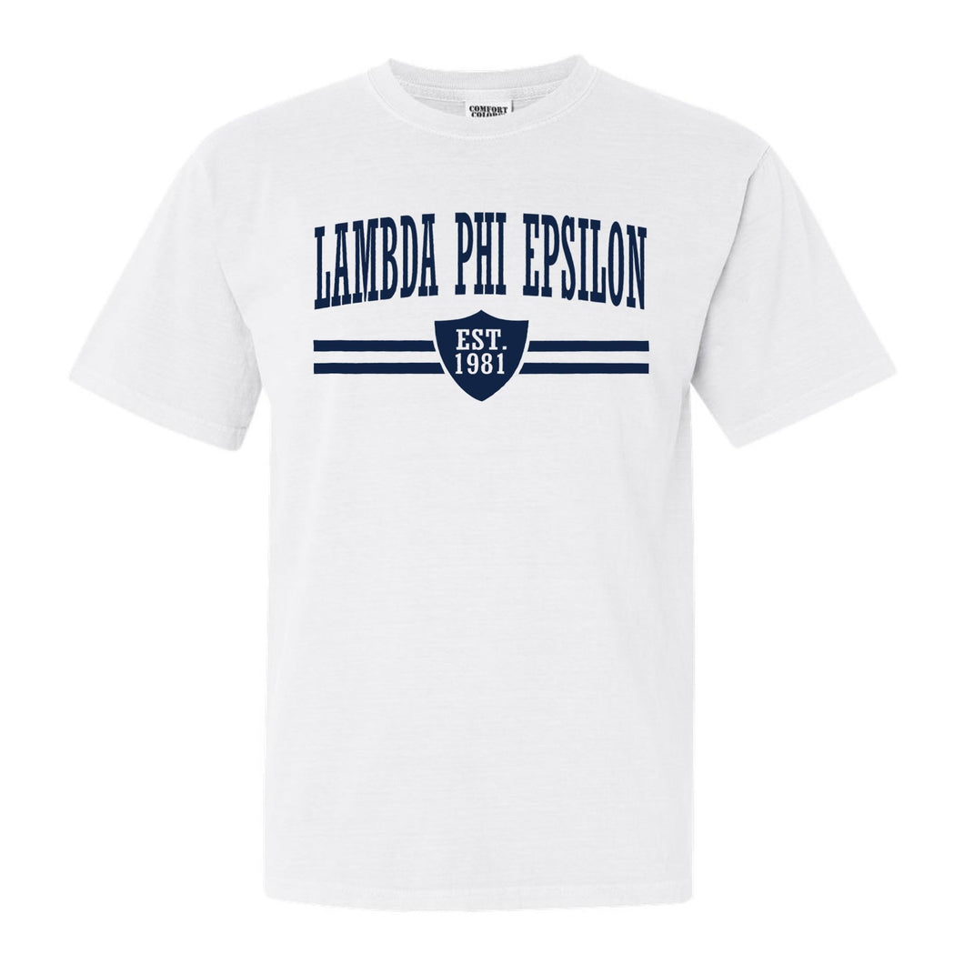 Lambda Phi Epsilon Striped Shield Comfort Colors T-Shirt - Fraternity Tee - Kite and Crest