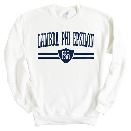 Lambda Phi Epsilon Striped Shield Sweatshirt - Fraternity Crewneck Sweatshirt - Kite and Crest