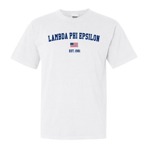 Lambda Phi Epsilon USA Flag Comfort Colors T-Shirt - Fraternity Tee - Kite and Crest